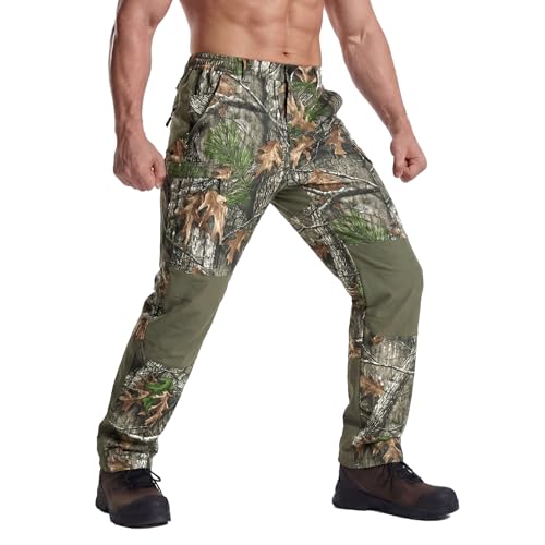 LOOGU Camo Hunting Pants for Men Water-Resistant Quiet & Matte Turkey Hunting Camo Pants for Men with 6 Pockets 28W x 32L Tree Camo-7 Pockets