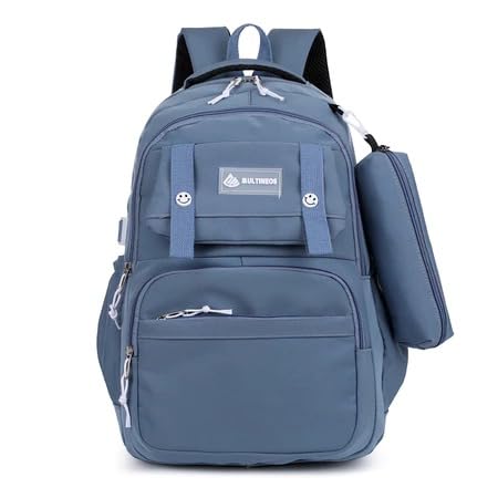 Mochila Escolar Azul com Múltiplos Compartimentos, Zíperes Brancos, Inclui Bolsa Lateral