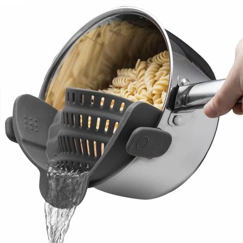 Jomoks Colador de silicona con clip para ollas, resistente al calor y ajustable, para verduras, arroz, fideos y pasta para ollas, sartenes y cuencos de todo tipo