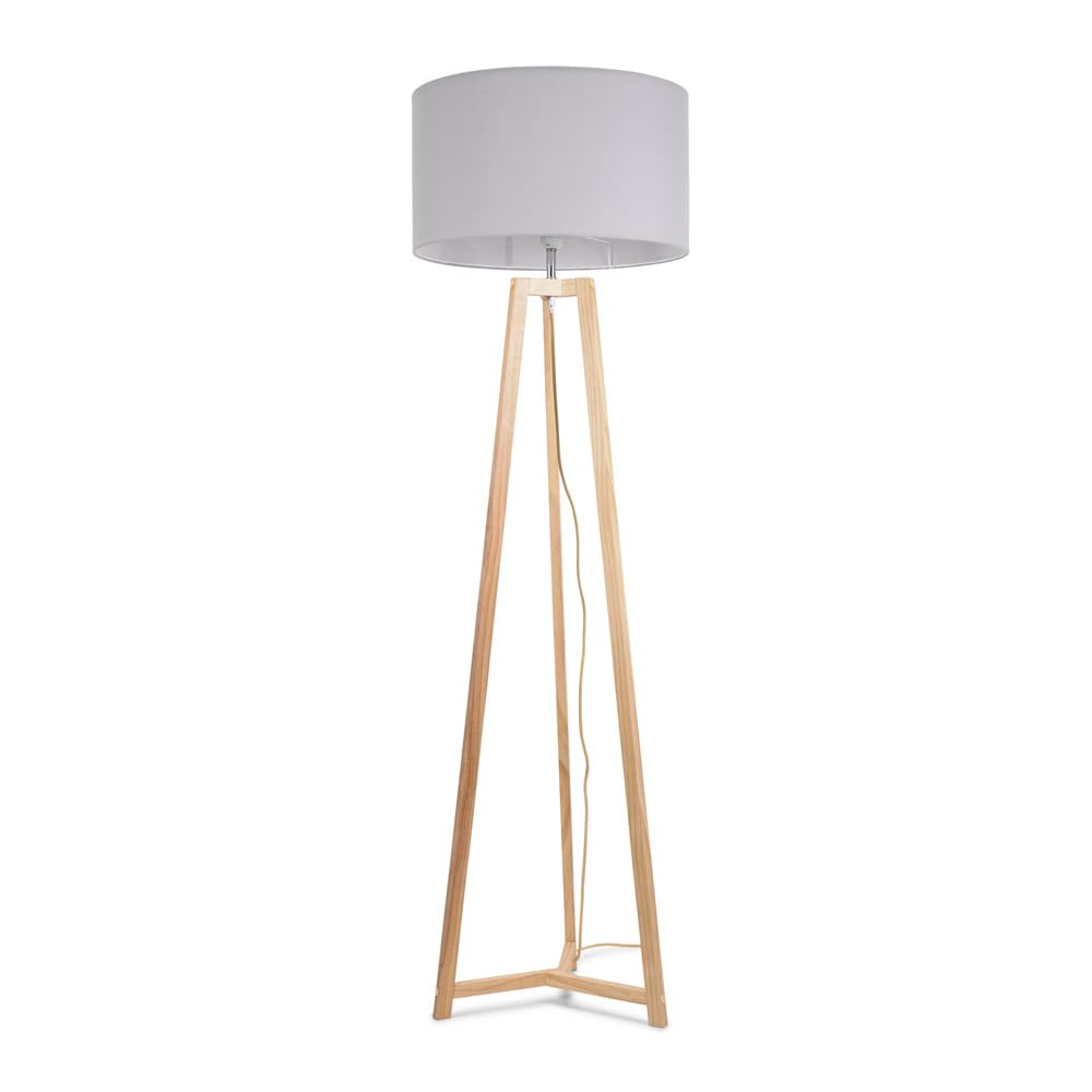 ValueLights - Floor Lamp - Fabric Drum Shade - Natural Wood Tripod - Grey