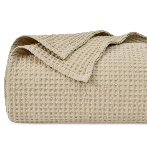 PHF 100% Cotton Waffle Weave Blanket Double Size 150 x 200cm, Pre-Washed Lightweight Breathable Throw Blanket, Oeko-TEX Certified for Bed Sofa, Home Decor, Khaki