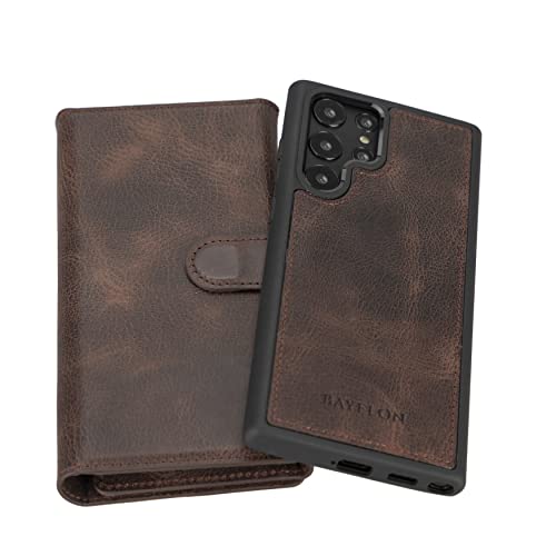 Bayelon Samsung Galaxy S22 Ultra Case, Full Grain Leather Phone Wallet, Detachable Phone Case Wallet, Tri-Fold Flip Phone Cover, Samsung Galaxy S22 Ultra Case With Card Holder, Stand (Tiguan Brown) #TOP3