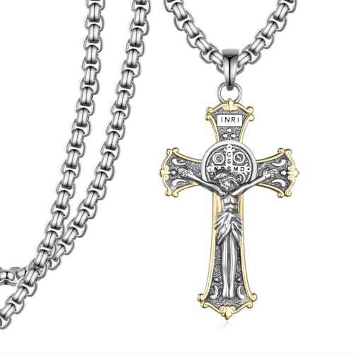 Crucifix Necklace Men 925 Sterling Sliver St Benedict Crucifix Necklace Religious Gifts for Women Men Women