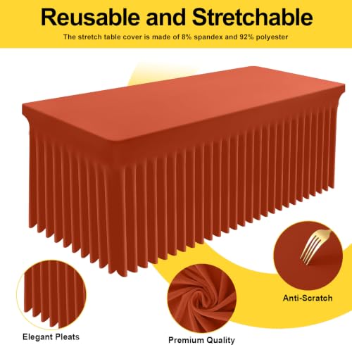 Image of Smiry 2 Pack Spandex Elastic Fitted Table Cloth Skirt for 8FT Table | Stretch Washable Table Cloth, Banquet Table Cover for Wedding, Party, Indoor & Trade Shows, (Rust, 96Lx30Wx30H)