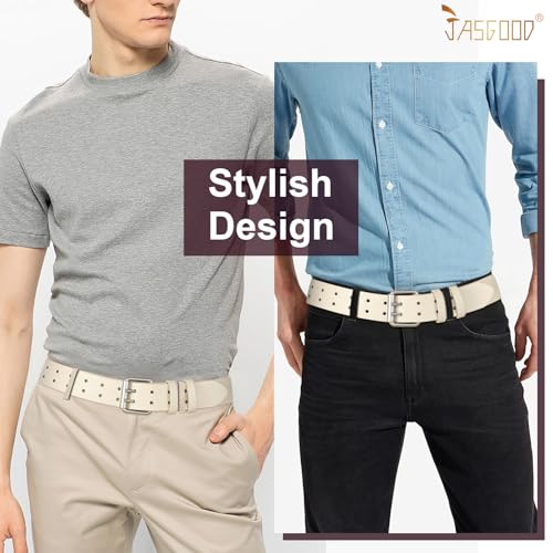 Image of JASGOOD Men Double Prong PU Leather Belt Casual Work Heavy Duty Belt Double Grommet Holes Belt for Jeans