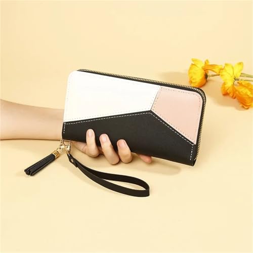 Wallet Stitching Contrast Color Long Wallet Zipper Tassel Large Capacity Wallet(Pink)4