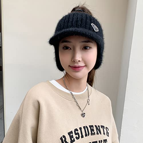 Image of Open Beanie with Earflaps Visor Brim Bun Ponytail Winter Golf Tennis Hats Women
