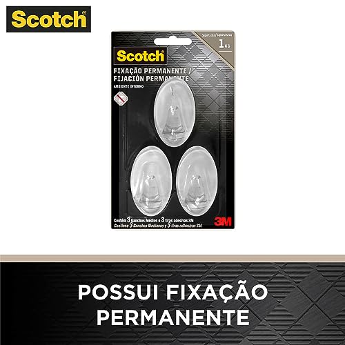 Scotch, 3M, Gancho Adesivo, Fixação Permanente, Sem Furos, Transparente, 3 unidades