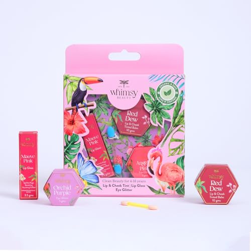 Image of Whimsy Beauty Organic & Safe Kids Makeup Kit | Safe, Non-Toxic Beauty Set for Girls | Includes Lip & Cheek Tint, Lightweight Lip Gloss & Water-Washable Eye Glitter | Birthday Gift (Pack of 3)