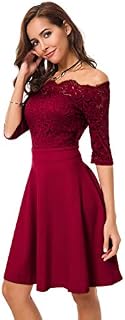 Atnlewhi Womens Vintage Lace Off Shoulder Puffy Swing Dresses Sexy Mini Dress