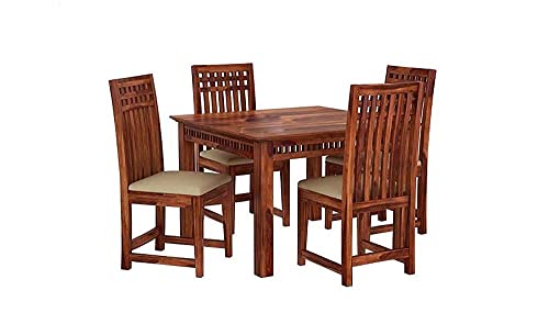 Image of Solid Sheesham Wood 4 Seater Dining Table Set with Cushioned Chairs for Dining Room | Living Room | Home & Office | Hotels Restaurant & Cafe (4 Seater, C-Honey)