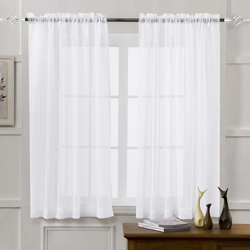 MYSTIC-HOME Sheer Curtains White 45 Inch Length, Rod Pocket Voile Drapes for Living Room, Bedroom...