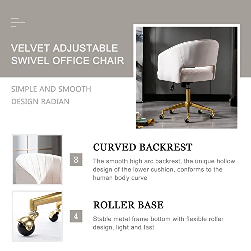 Qtivii Velvet Home Office Chair, Modern Office Chair With Gold Base, Home Office Desk Chair For Living Room, Bedroom, Vanity, Study (Beige) #TOP2