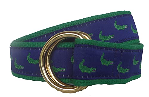 Green Alligator D-Ring Belt, Ribbon Belt, Webbing Belt, Green Alligator Preppy Belt