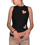 KIGRAD Women Y2k Love Heart Cut Out Ruched Crop Tank Tops Tight Fitted Crewneck Asymmetrical Vest Clean Girls Coquette Black