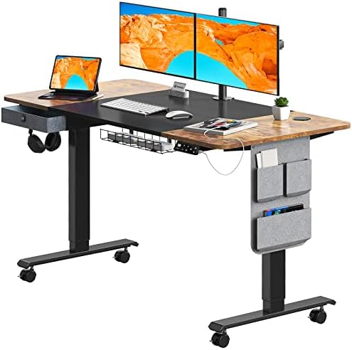 MAIDeSITe Standing Desk Adjustable Height, 55 Inch Stand Up Desk, Electric Sit Stand Desk with Caster Wheels, Drawer and Cable Management Tray for Home Office, Rustic Brown+Black Desktop
