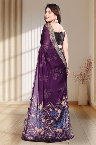 Image of SUPERLAXMI Women's Chiffon Floral Printed Saree with Blouse Piece