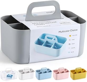 Multiuse Caddy Organizer with Handle - Stackable Plastic Tote Bin - Art Craft Supplies, Office, Desk, Stationery Pen Holder, Kitchen, Utensil, Makeup, Bathroom, Shower, Cleaning, Dorm Organizer - Grey