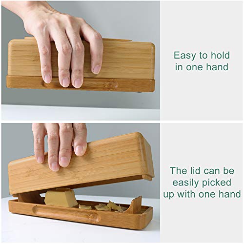 Bamboo Butter Dish with Measurements and Knife by HTB, Smart Covered Butter Keeper, Extended Feet to Keep Butter Mess Off the Table, Easy Scoop Ramps, Magnetic to hold the butter-covered knife