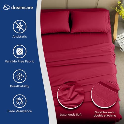Image of DREAMCARE Full Size Sheets - Cooling Sheets - 4pcs Set - up to 15 inch Deep Pocket Full Sheet Set - Sheets Full Size Bed - Soft & Long Lasting 100% Fine Brushed Polyester with Side Pocket - Burgundy
