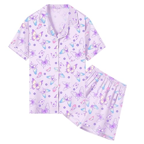 Image of Umeyda Women & Girls Pajamas Set, Soft Satin Lightweight Silk Button-Down Top with Shorts 2 Piece PJS for Mom Boys Kids Gifts