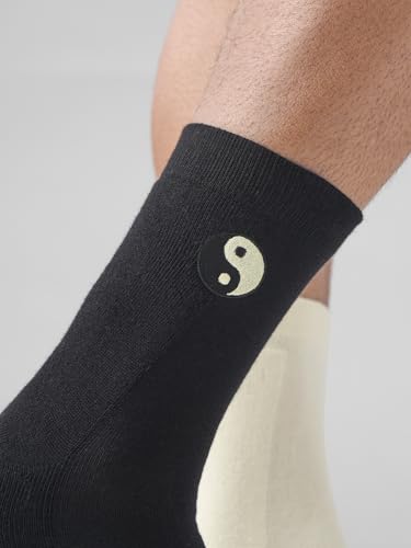 Image of The Souled Store Souled Socks: Yin-Yang Black & Off-White Crew Socks | Cotton Blend, Soft, Breathable, with Applique Patch