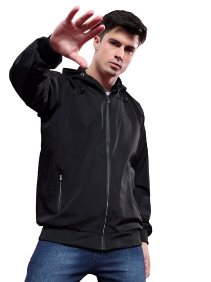 Linaria Regular Fit Men's Black Casual Jacket, Full Zip Hooded-picture-39