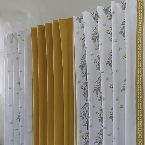 Image of Tranquebar Curtain Co. Cotton Curtains 7 Feet Long Set of 3, 60-65% Room Darkening, Yellow Ethnic Curtains Floral Print, Door Curtains 7 Feet Set of 3, BackTabs, Latha Yellow combo (213 cm) - Set of 3