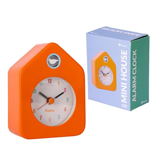 Fisura – Mini-Haus-Wecker Orange. Analoger Wecker ohne Tick-Tack. Kleine originelle Alarmuhr. 9,7 Zentimeter x 7,3 Zentimeter x 4,5 Zentimeter. 1 AA-Batterie