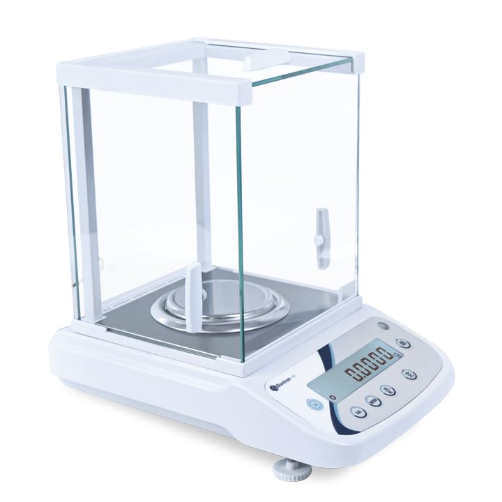 MBH - Balanza profesional de alta precisión con cabina corta vientos para laboratorio. Balanza analítica científica capacidad 210 g/precisión 0,0001 g con display LCD retroiluminado.