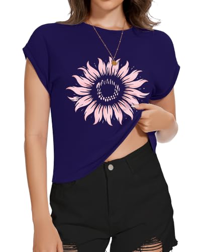 Image of Womens Crop Tops Summer Roll Cap Sleeve Cropped Tshirt Loose Fit Basic Tees