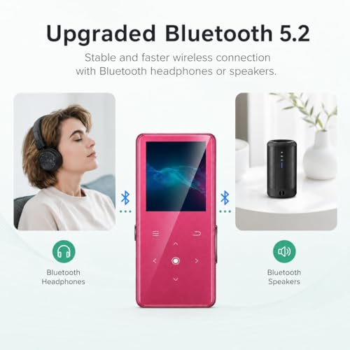 Image of 64GB MP3 Player with Bluetooth 5.2, Music Player with Built-in HD Speaker, FM Radio, Voice Recorder, HiFi Sound, E-Book Function, Rose Red