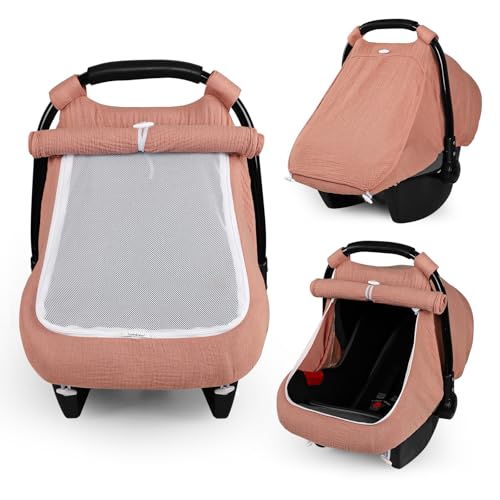 Image of DILIMI Car Seat Covers for Babies, Muslin Cotton Baby Car Seat Cover with Breathable Mesh Window, Summer Infant Car Seat Canopy for Boys Girls Newborn, Dark Pink