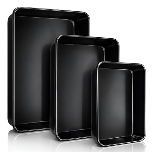 3 Pack Deep Baking Pan Set 9/11/13 Inch Nonstick Roasting Pan Rectangle Cake Pans Heavy Duty Thickness Bakeware Roasting Tray for Toaster Oven Thanksgiving Christmas Roast Turkey(Black)