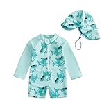 Toddler Baby Boy One Piece Swimsuit Shark Long Sleeve Zip Up Bathing Suit with Sun Cap Infant Rash Guard...