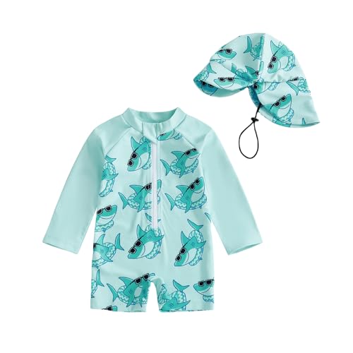 Toddler Boy Shark Long Sleeve Swimsuit with Cap
