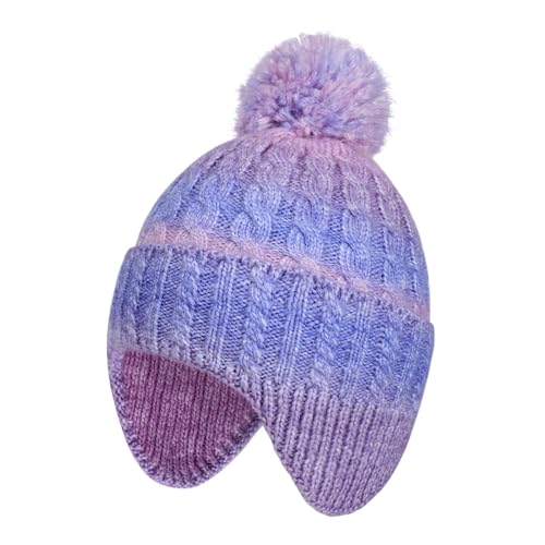 Girls Winter Beanies with Earflap,Kids Warm Rainbow Pom Pom Twisted Knit Hat Skull Cap Age 3-8 - Main Image