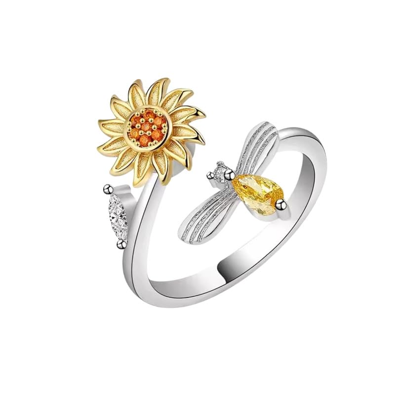 ftk Women Copper Rotating Flower Ring Features Crystal Spinning Design and Adjustable Opening Size-picture-32