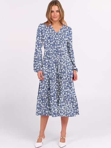 Image of ANRABESS Women's Long Lantern Sleeve Floral Midi Dresses 2026 Fall V Neck Casual Flowy A-line Tiered Boho Vacation Dress