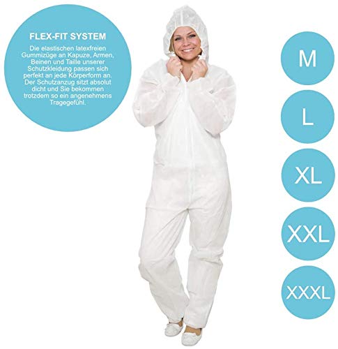 10 x Einweg Overall Weiß Gr. XXL Premium Plus | Dicke Qualität Maleroverall Schutzanzug für leichte Malerarbeiten, Lackierarbeiten, Reinigungsarbeiten | Maleranzug Schutzkleidung Overall mit Kapuze