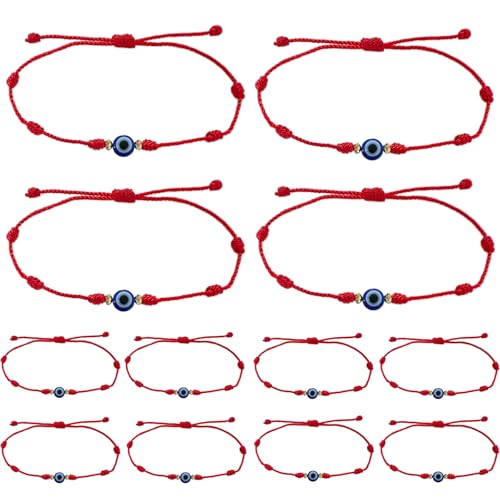 Image of BONITTER Evil Eye Protection Bracelet Set, 12 Pack Adjustable Red 7 Knot Lucky String Amulets, Black and Pink Friendship Bracelets for Women, Men, Boys, Girls (12, Red)
