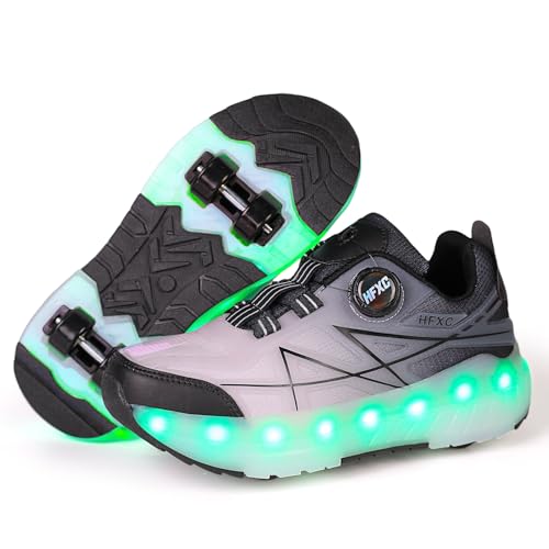 Roller Skates Shoes 4 Wheels for Kids - New Upgraded Roller Shoes LED Light Up Flashing Sneaker Roller Skate Shoes for Boys Girls Beginner More Balanced (Black/Grey 29)