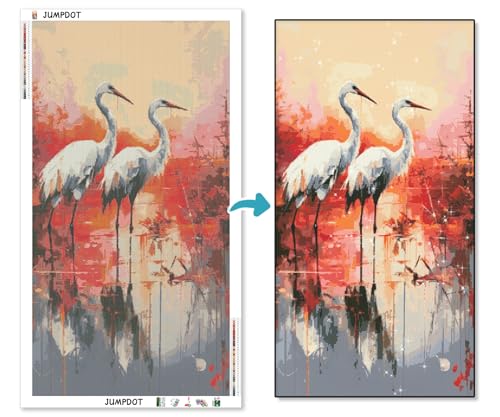 Diamond painting 5D con efecto brillante tridimensional Jumpdot, grúa en el lago de 70x40 4
