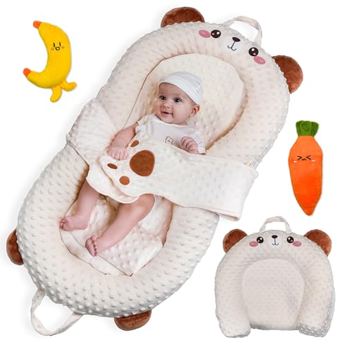 Image of BaBieBoo Baby Lounger for Newborns to 12 Months, Premium Velvet Cover, Infant Nest, Tummy Time Mat, Bottle Feeding Pillow & Portable Co-Sleeper Bed with Carrot & Banana Toys