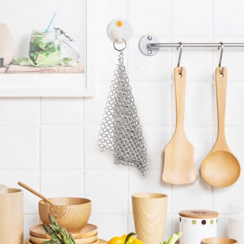 Image of 8 inchx6 inch Cast Iron Scrubber Stainless Steel Chainmail Cleaner for Pre-Seasoned Pans, Griddles, BBQ Grill and Pot Cookware Cleaning (Pack of 2)