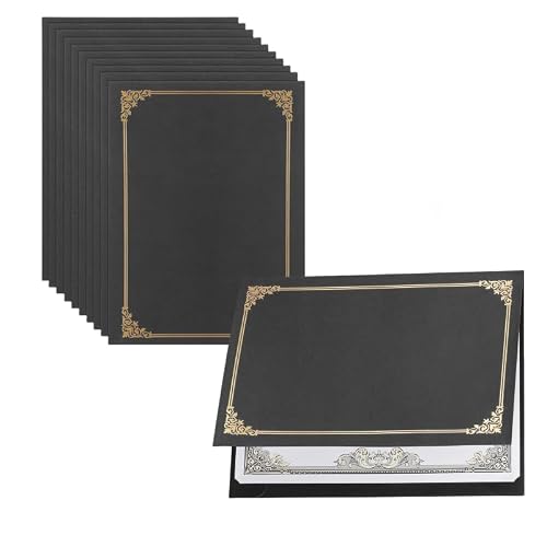 10 PCS Couverture de Certificats en Papier avec Bordure d'Or Pochettes de Présentation de Certificats et Diplôme Porte-Documents A4 avec Page Intérieure pour Graduation Invitation Fichiers, Noir