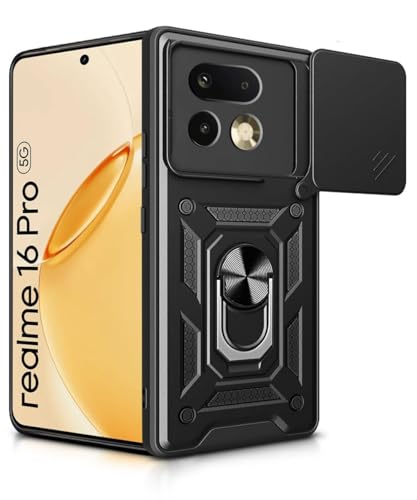 Image of AIBEX Back Cover Compatible for Realme 16 Pro 5G | D10 Tough Armor Case | Sliding Camera Shield | 360 Protection | Kickstand Ring Holder | Military-Grade Bumper Case - Black