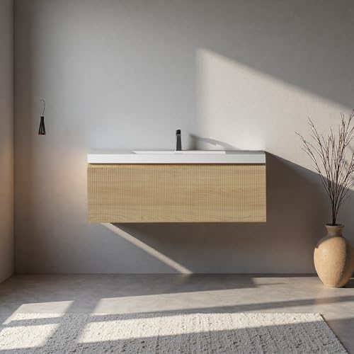 Image of 42'' Floating Bathroom Vanity with Sink, Wall-Mounted Bathroom Storage Cabinet with Soft-Close Striped Drawer & Solid Surface Basin, Modern Natural Oak Body with Internal Handle, Wood