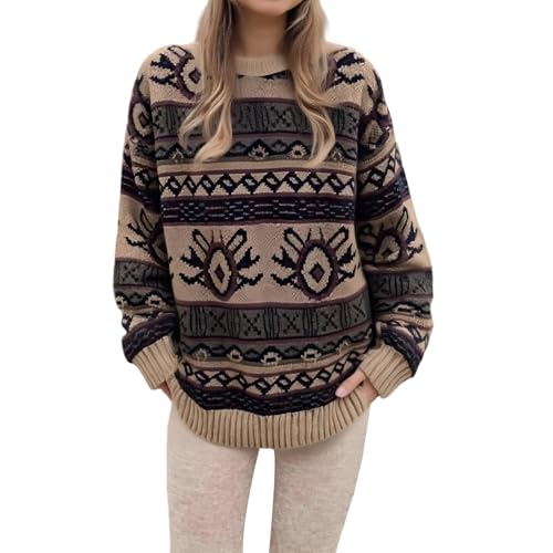 Image of Women Vintage Striped Pullover Sweater Y2k Long Sleeve Crew Neck Loose Knit Sweaters Fall Winter Knitwear