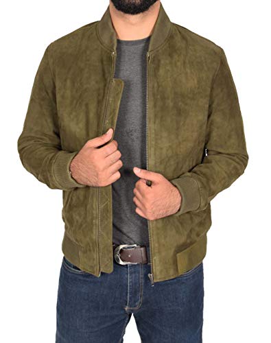 Mens Real Soft Goat Suede Bomber Jacket Green Slim Fit Varsity Baseball Coat - Blur (Medium)